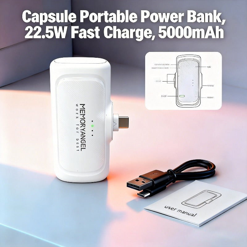22.5W Fast Charging, 5000mAh Mini Portable Charger, USB-C Mobile Power, Universal Compatibility, USB Type-C, Dual Power Mode, Rechargeable Lithium Polymer Battery, for iPhone 16/15 Series And Android Devices
