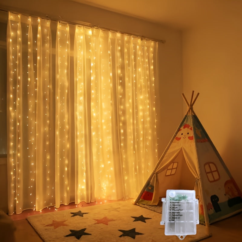 2个型号（200LED/300LED）可选的LED窗帘串灯，8种闪烁模式暖白光，卧室窗户墙壁装饰，婚礼母亲节感恩节节日灯，万圣节圣诞节新年氛围串灯