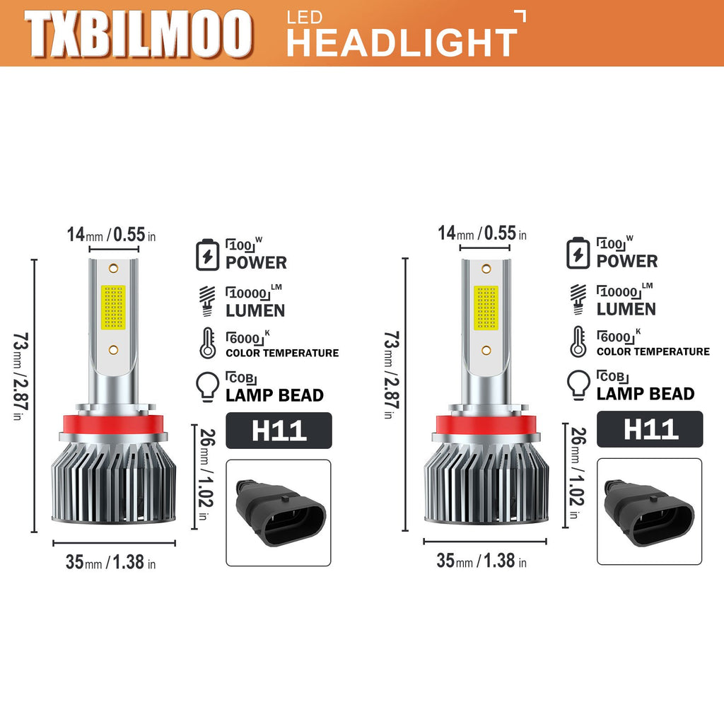 H11 H8 H9 TXBILMOO 2-Pack LED Headlight Bulbs High/Low Beam Set Bright White 10000Lm, No Battery Included
