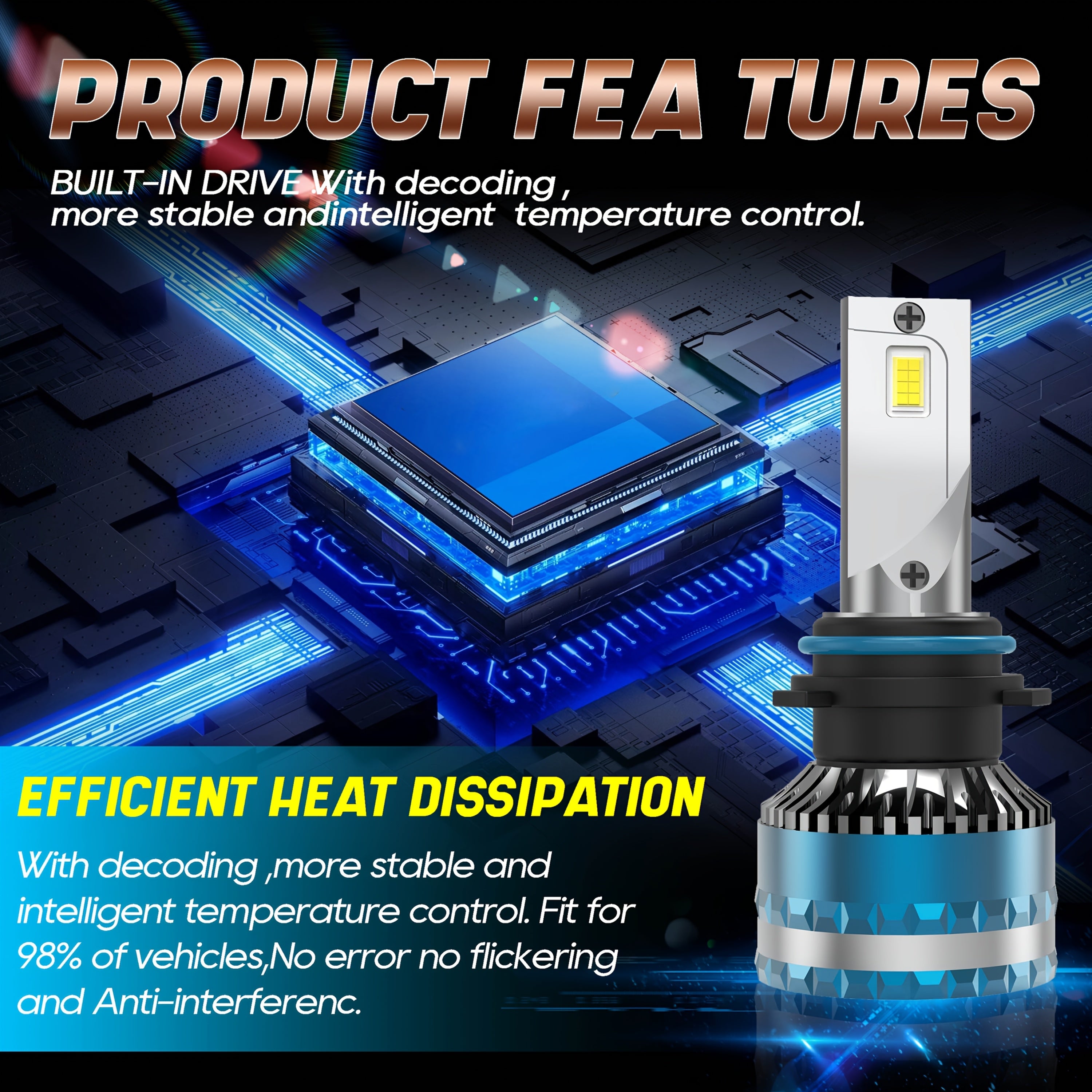 [2-Pack] Super Bright LED Car Lights H7/H1/H4/H8/H9/H11/9005/9006/9012 Universal, Fan Cooling, Aluminum Body, 6000K Pure White Light, Easy-to-Install Car Bulbs