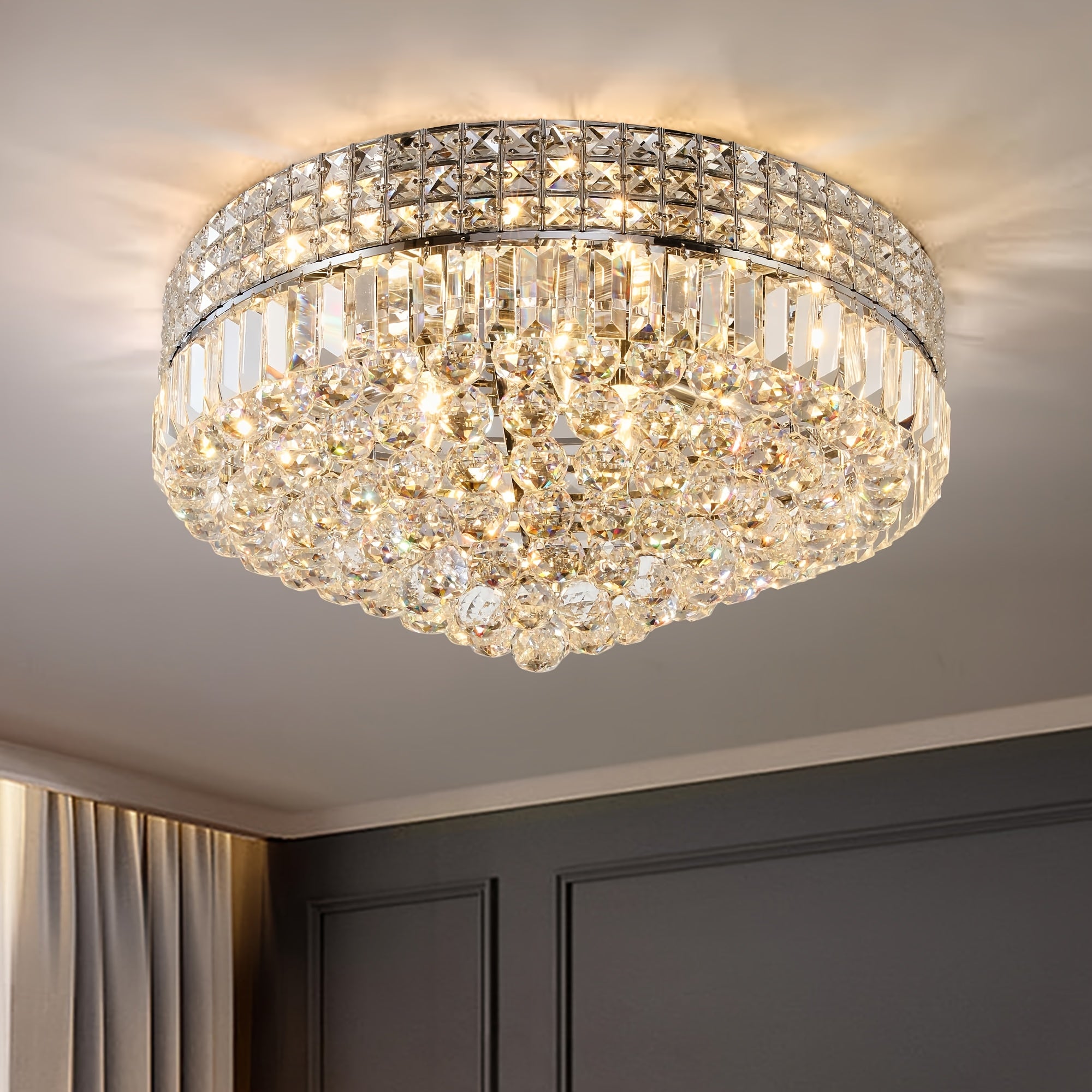 D16.54-Inch Modern Crystal Chandelier, Chrome Lamp Head, Round Raindrop Design, Perfect for Ceilings of Dining Room, Living Room, Bedroom and Bathroom
