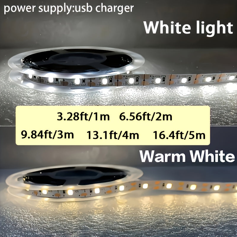 5V USB供电智能LED灯带，具备温白光和冷白光，支持运动检测和手势控制。设计灵活，易于安装，适用于卧室、厨房、电视背光。