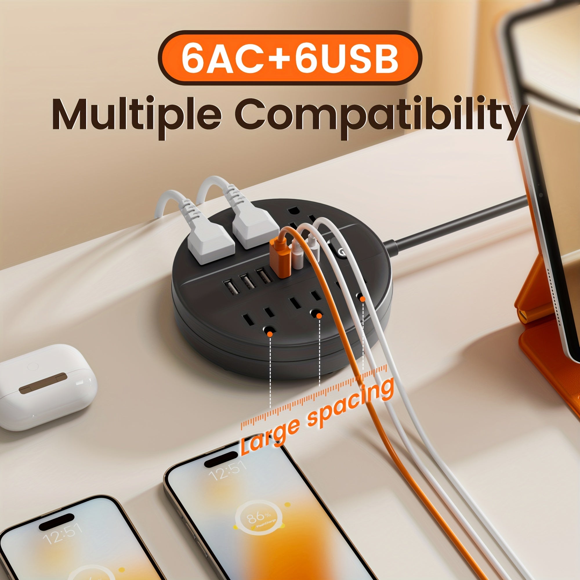 A Versatile Power Strip Featuring 12 Functions, Equipped with a Surge Protector, 6 USB Charging Ports (Including 4 USB A And 2 USB C), And 6 AC Outlets. This Compact Charging Station Can Be Mounted on The Wall And Is Suitable for Home, School