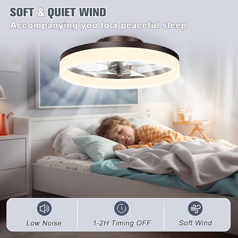A modern metal ceiling fan, size from 15.75 inches to 19.7 inches, with light. Very suitable for bedrooms, studies and living rooms. It has six wind speeds, adjustable brightness, and is versatile and easy to install.
