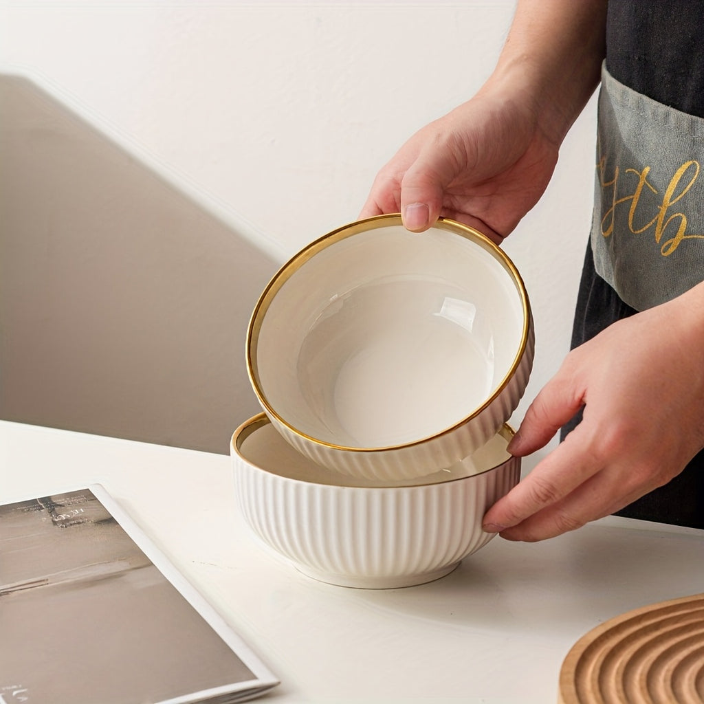 4-Piece Luxury Gold Rim Ceramic Noodle Bowl Set, Salad & Fruit Bowl, Round Kitchen Tableware – Dishwasher Safe
