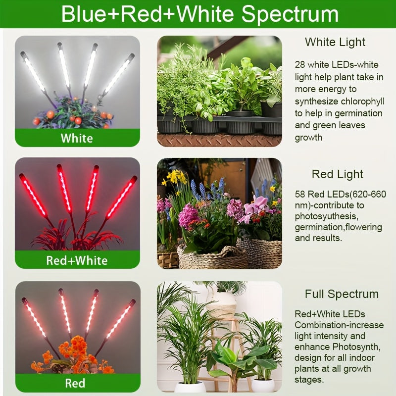 4-Head Stand Plant Grow Light, 80 LED Beads, 2-Color Freely Switchable, 4H/8H/12H Timing Function, Perfect Home Plant Care Helper