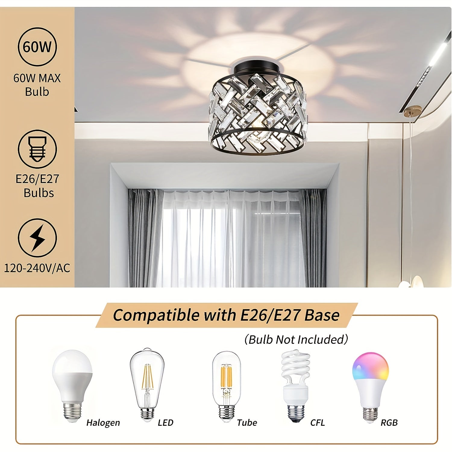 Amansur Modern Semi-Flush Mount Crystal Black Frame Ceiling Light - Semi-Recessed Installation, Suitable for Kitchen, Living Room, Bathroom, Entryway - Controller Sold Separately