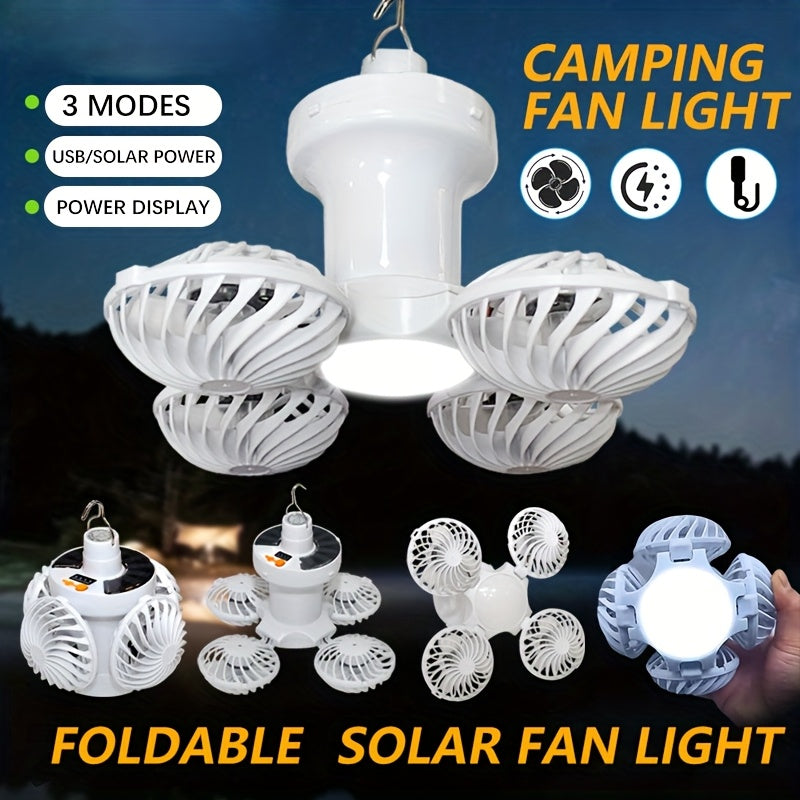 1Pc Solar & USB Rechargeable Tent Light, Portable LED Fan Light, 3 Modes Outdoor Camping Lantern, Emergency Work Light with Hook, Power Indicator, Foldable Emergency Flashlight, Ideal for Fishing, Hiking, BBQ and Outdoor Lighting
