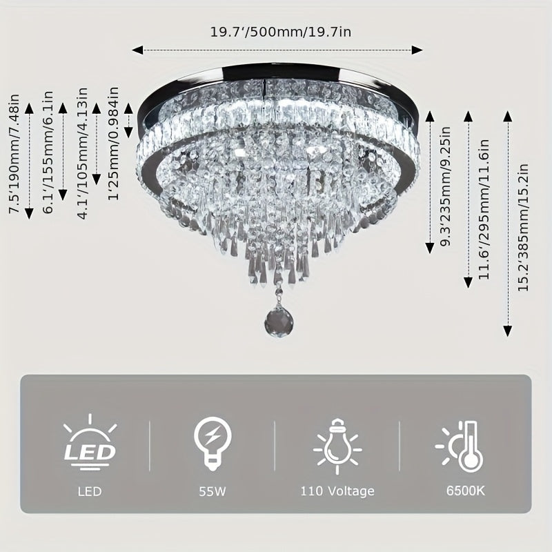19.7-inch modern crystal chandelier, crystal ceiling light, LED remote control pendant light, suitable for bedroom, living room, dining room lighting (cool white light)