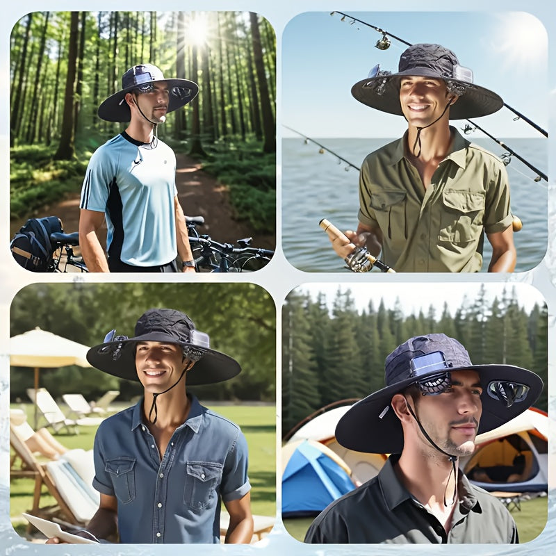 Solar Fan Hat, 800mAh Large Capacity Battery, 15cm Brim with Steel Wire Edging, UPF50+, Built-in 2 Pcs 180° Adjustable Fans, Solar & USB Dual Charging Support, Perfect for Beach, Camping, Fishing and Outdoor Activities