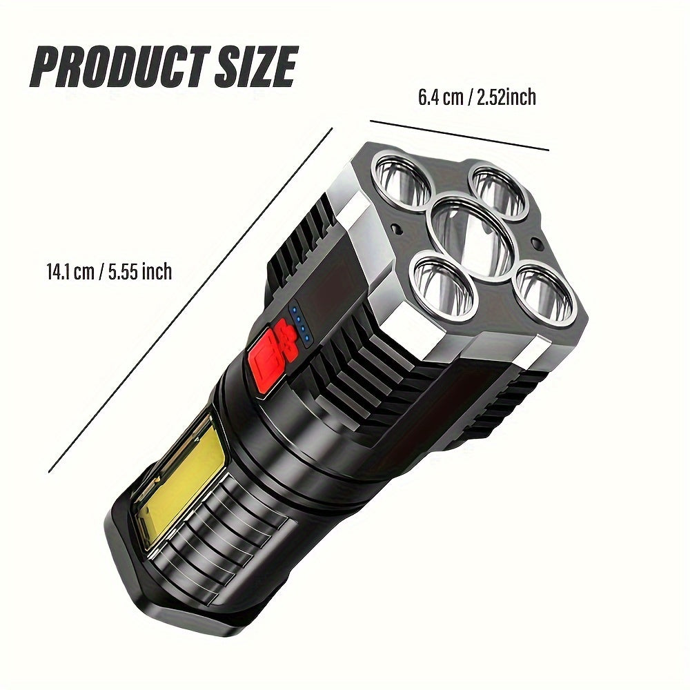 Ultra-Bright Flashlight, USB Rechargeable Flashlight with 5 LEDs & COB Side Light - 4-Mode Flashlight