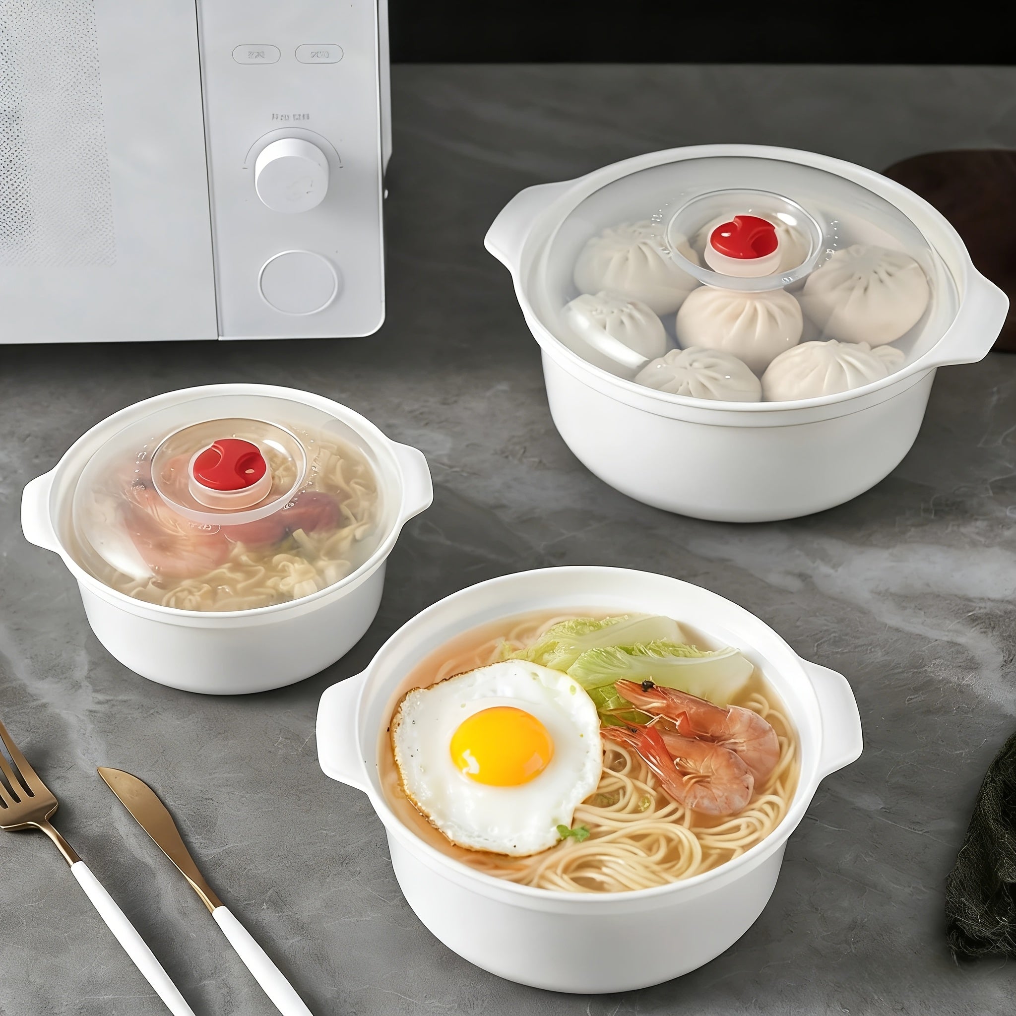 微波炉可加热的碗具,圆形食品级PP5碗具套装（含盖） 健康安全放心 可用于汤碗，饭碗，菜碗 方便面碗 蒸笼加热包子馒头食物, 1-3分钟即可加热食物 厨房好帮手,高端厨房用餐体验