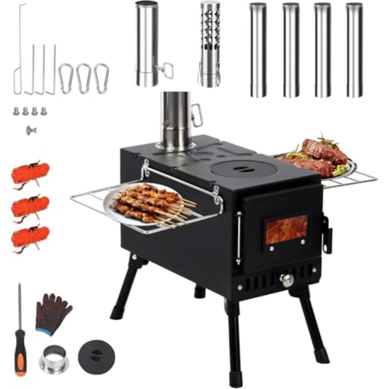 Portable Windproof Chimney Wood Stove, Includes Gloves & Tent Rope, Camping Wood Stove for Tent Shelter, Outdoor Cooking & Heating, Black