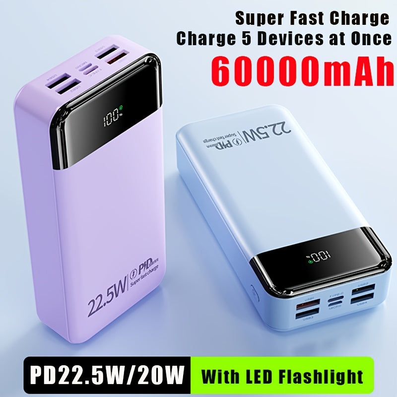60000mAh大容量便攜充電寶，22.5W快速充電，配備燈光/LED電量顯示，適用於為安卓電子裝置/手機及其他裝置充電，戶外旅行/露營可拆卸應急電源裝置