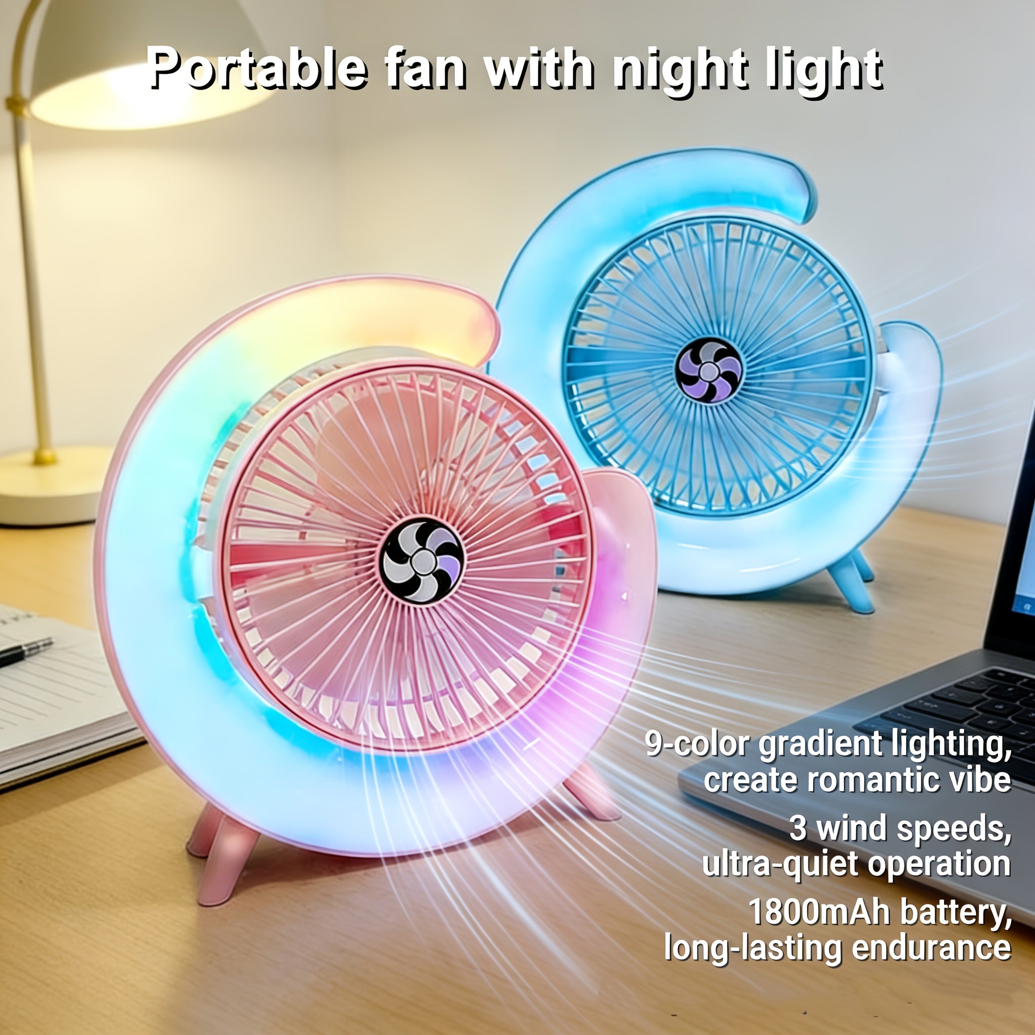 Colorful RGB Desktop Mini Fan, 3 Speed Levels, 1800mAh Long Lasting Rechargeable Battery, 9 Ambient Light Modes, Quiet Low Noise Design, Compact & Portable, Durable PP Material