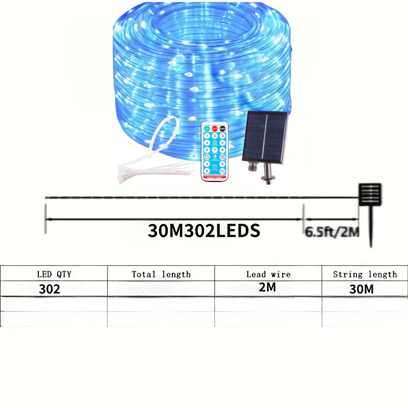 100FT 302 LED 灯带，带遥控器 – 太阳能灯串，适用于花园、露台、庭院、泳池、院子，圣诞节假日装饰