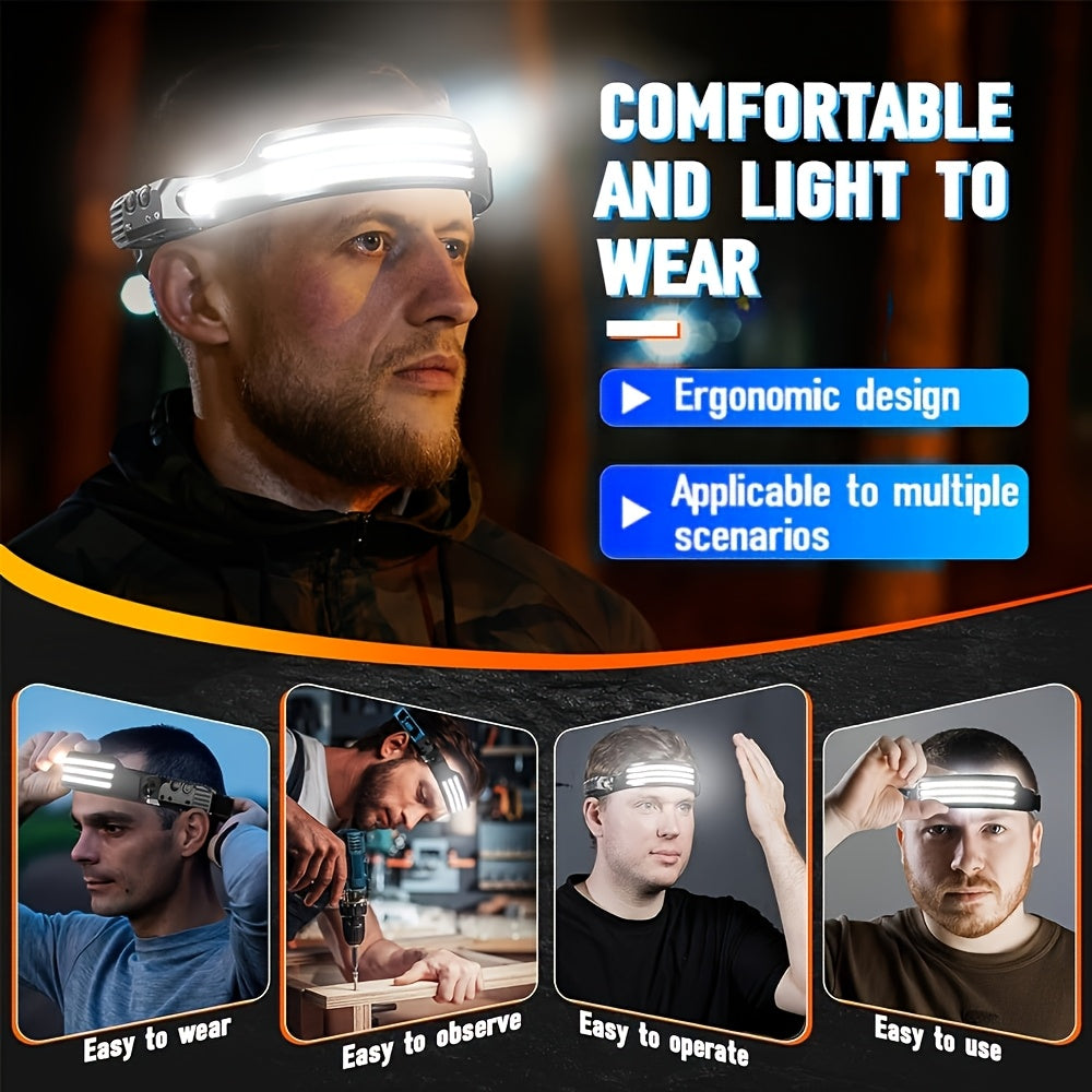 1Pc USB Rechargeable COB Headlamp, Motion Sensor Outdoor Head Light, 230° Wide Angle, 5 Lighting Modes Running Headlamp, Portable Lightweight Hands-Free Flashlight, Ideal for Camping, Hiking and Outdoor Activities