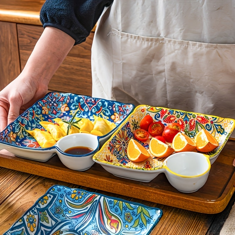 NTKOW 1 Set of 4 Bohemian Style Art Ceramic Dinner Plates – 8-Inch Multi-Purpose Steaming & Serving Bun Plate – Microwave Safe, Beautiful Hand-Painted Design – Suitable for Home & Commercial Use, Easy to Clean