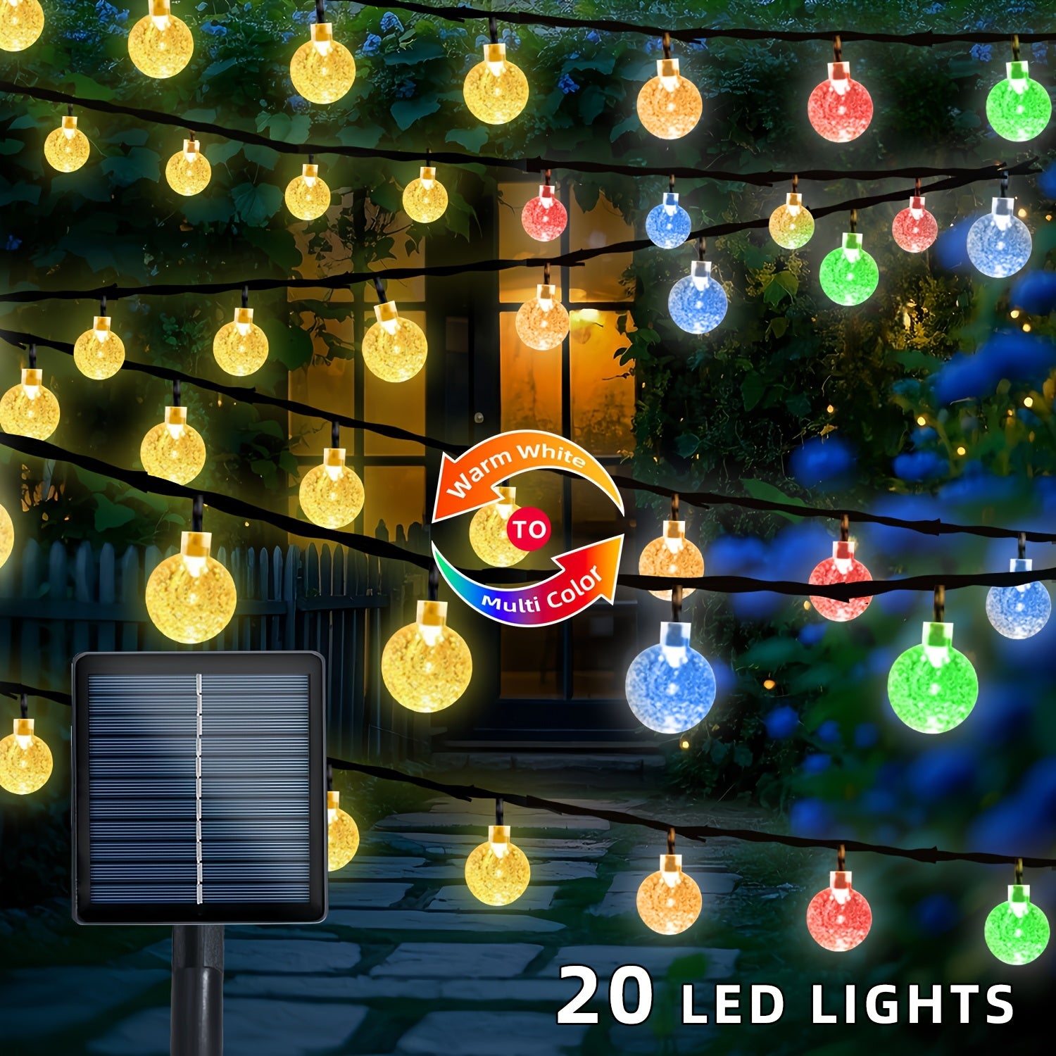 RGB LED灯带，太阳能水晶仙女灯，100/50/20颗LED灯珠，11种灯光模式，夜晚自动亮起，白天自动关闭，适用于庭院、花园、婚礼、露台、圣诞节、派对等场景