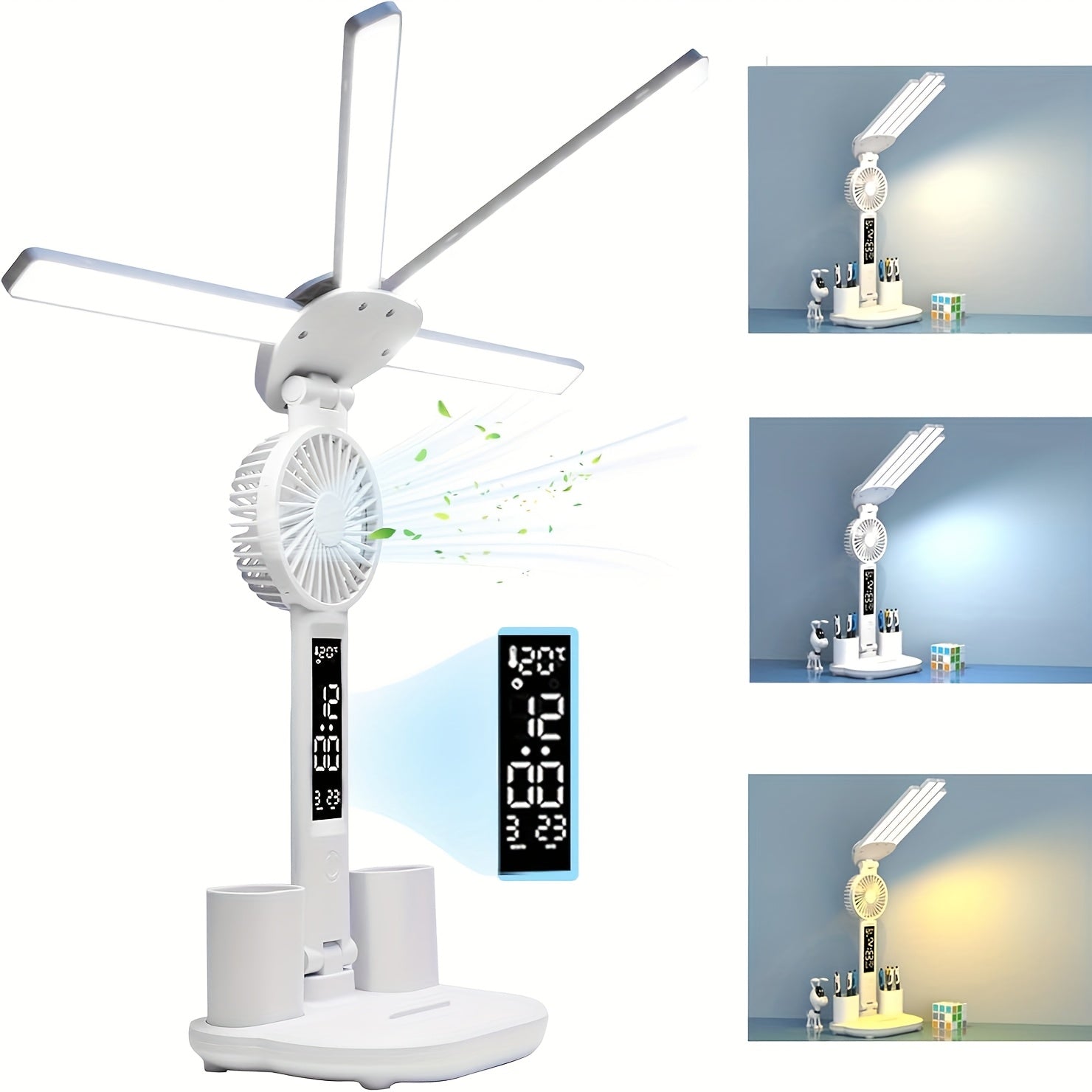 Foldable Desk Lamp, Fan & Clock, Rechargeable