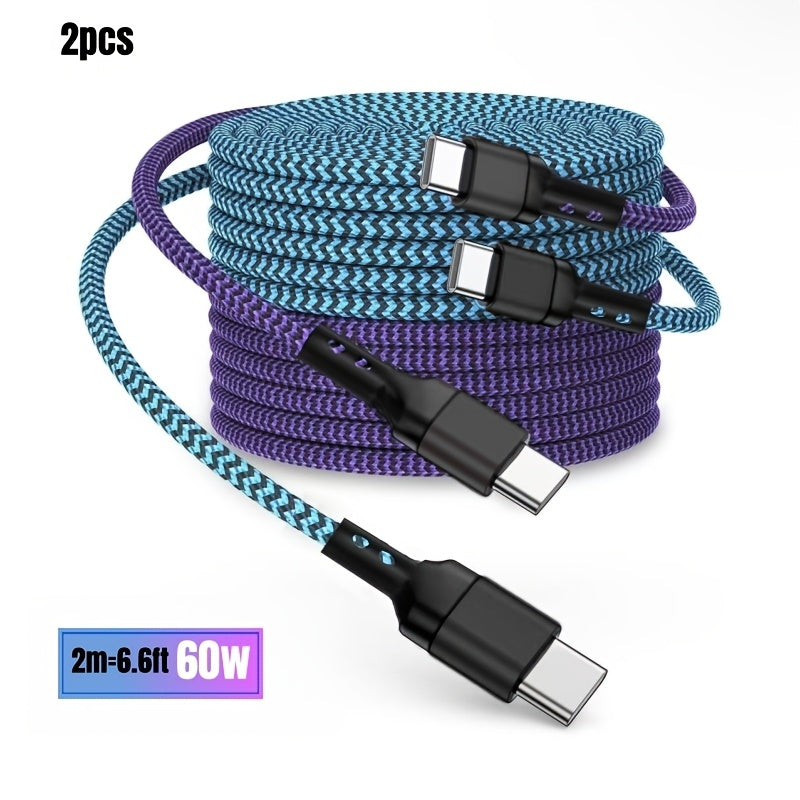 A Set of Two 60W Super Fast Charging Type C to Type C Data Cables, Suitable for Devices Like Samsung, Iphone 15/16, Macbook/Ipad, Xiaomi, And More