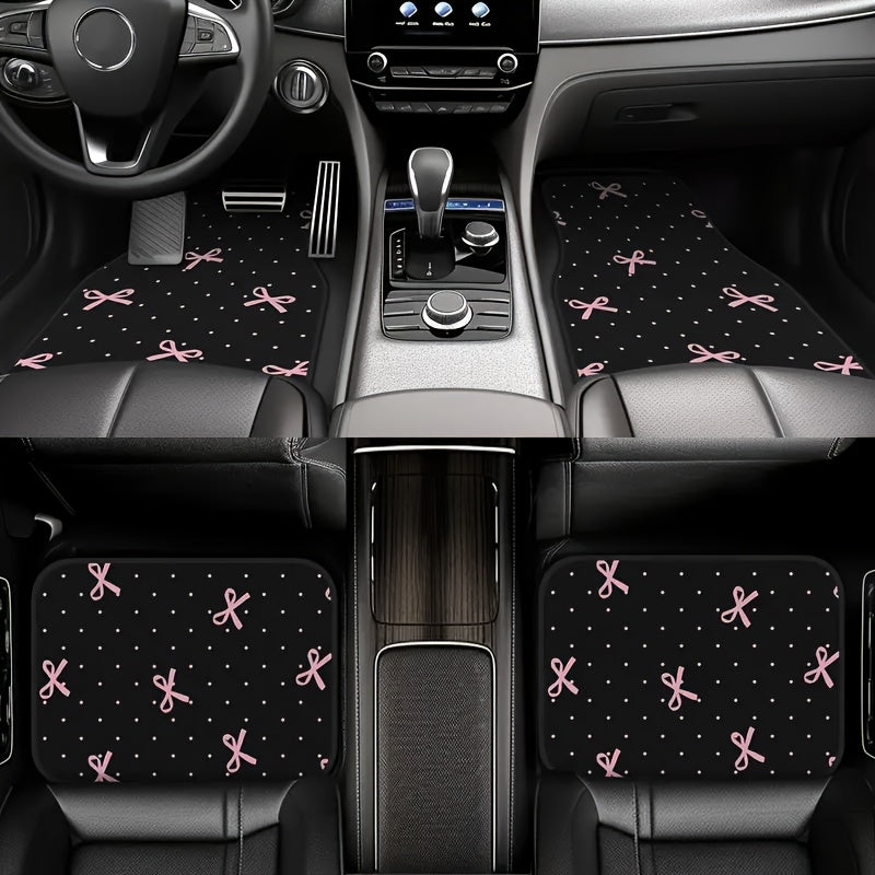 4-Piece Pink Bow Car Floor Mat Set - Durable Polyester Material, Easy to Clean, Front & Rear Seat Protection, All-Weather Use, Fits Trucks, Cars, SUVs, Perfect Gift