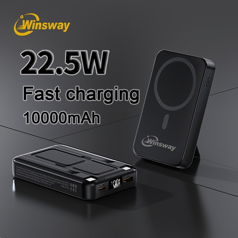 Winsway 10000mAh 磁吸無線行動電源，22.5W 快速充電行動電源，包含 Type-C 資料線、USB 連接埠、LED 螢幕和可折疊支架，適合送給 Iphone 和 Android 裝置的聖誕禮物
