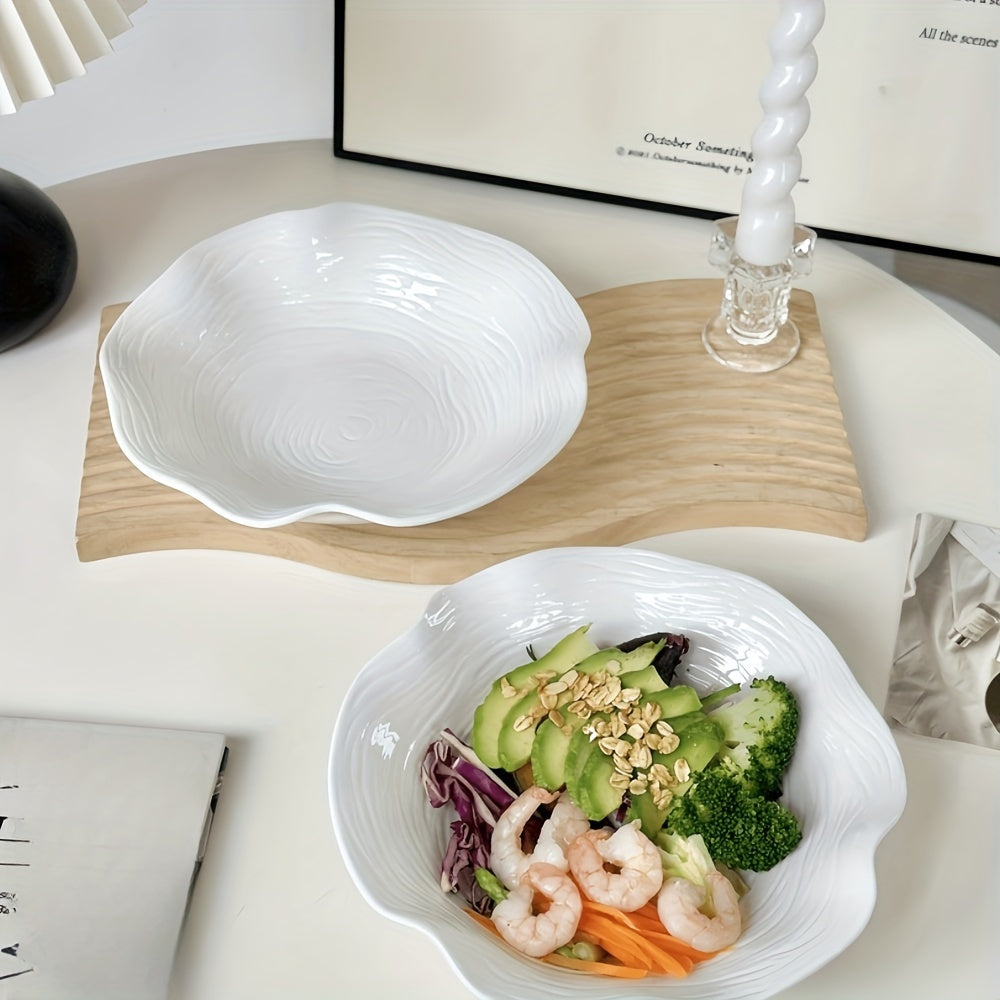 1 Piece Elegant White Ceramic Dessert & Salad Bowl, 8.4 Inches Lotus Design, Microwave Safe – Perfect for Noodles, Cereal, Soup | Novel Tableware for Home, Restaurant, Noodle Bowl