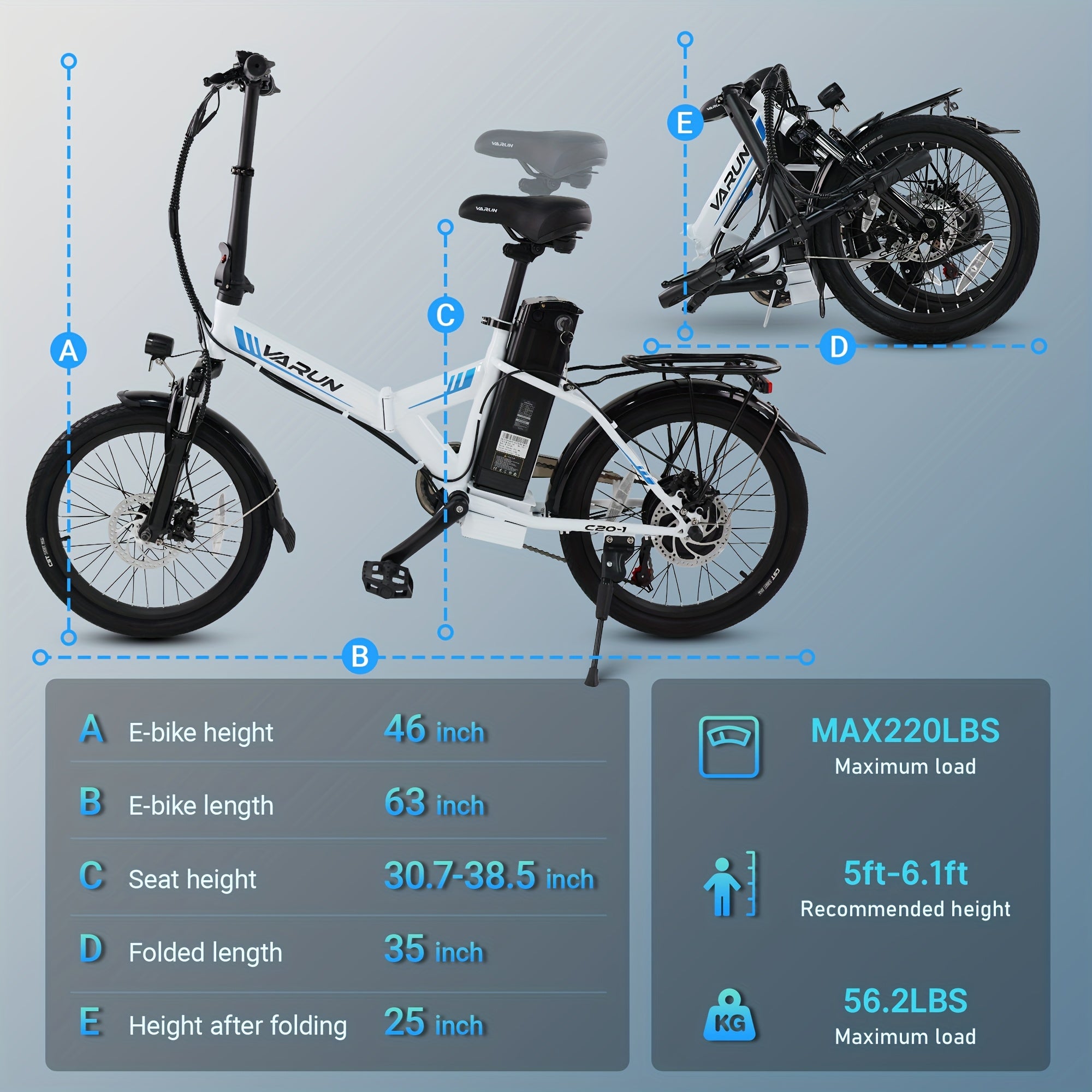 20寸可折叠电动自行车，成人500W强力电机电动自行车，48V 374.4Wh可拆卸锂电池，续航最长可达50-55km，LCD显示屏带7速齿轮电动自行车，城市通勤电动自行车，男女通用