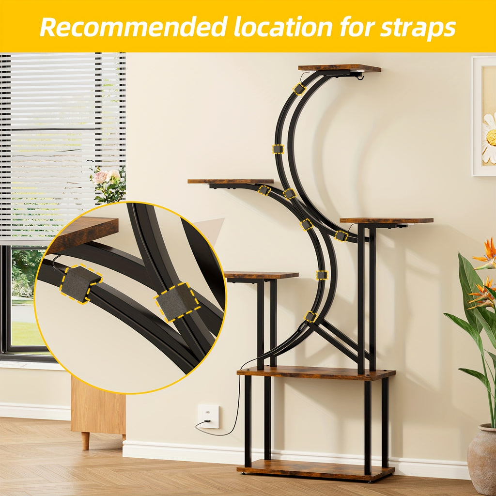 Indoor Plant Stand with Grow Light, 6/7-Tier Multi-layer Large Polygonal Metal Curved Display Shelf, Ideal for Balcony, Home Decor and Christmas Decoration