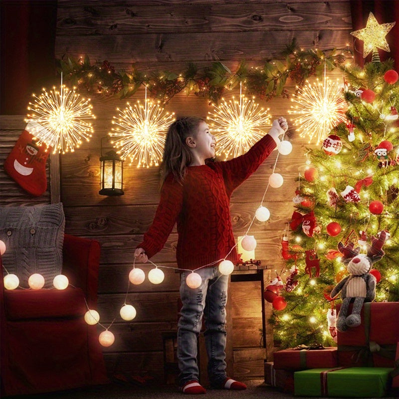 200 LED Starburst Sphere Light, Firework Light Battery Powered Tent Pendant Light Remote Control Waterproof Hanging Light, Perfect for Garden Courtyard Porch Christmas Party Home Decoration Warm White Light