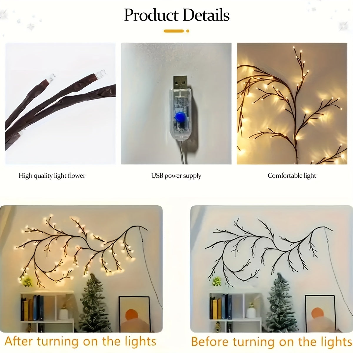 1PC/2PCS 48LEDS/ 72LEDS/96 LEDS/144LEDS 可弯曲柳条藤蔓灯，白桦树灯，8种模式人造植物藤条装饰灯，家居氛围灯，派个节日装饰灯，圣诞母亲节感恩节完美礼物