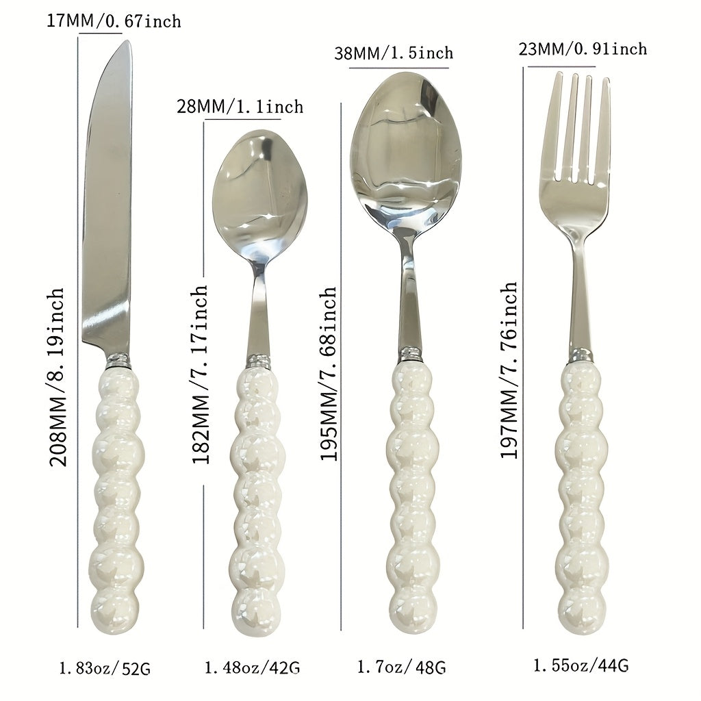 8/12/16Pcs Ceramic Handle Cutlery Set, Stainless Steel Knife Fork Spoon Set, Novel Creative Pearl-Shaped Handle Fork, Soup Spoon, Rice Spoon, Perfect for Restaurant & Home Dining, Kitchen Supplies, Kitchen Accessories, Kitchen Utensil Set