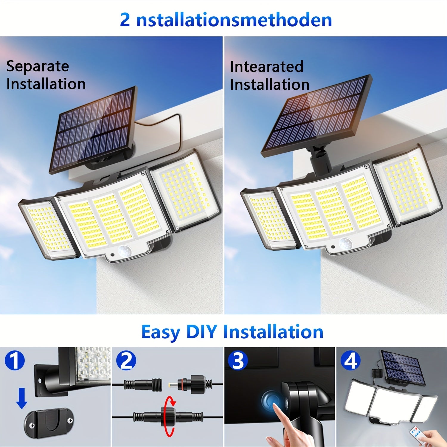 1/2 Pack Solar Outdoor Light, Motion Sensor Light with 348 LEDs, IP65 Waterproof, Wall Light with Remote Control, 3 Adjustable Heads, Street Light with 3 Lighting Modes, Porch and Garden Light, Security LED Floodlight