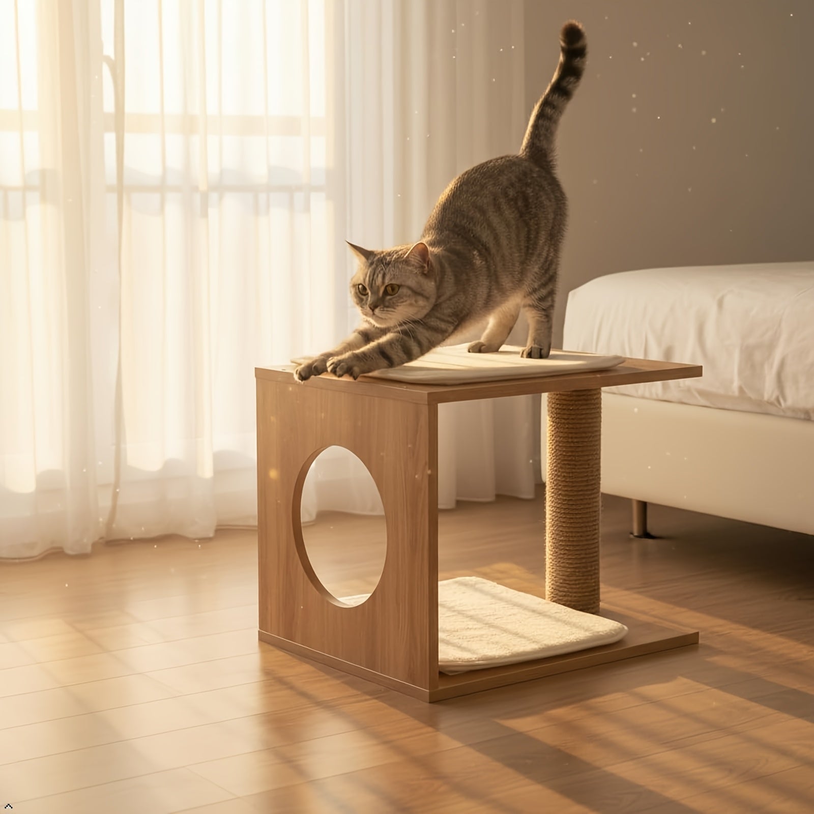 1个木制现代猫树和猫公寓 - 木制室内猫屋，舒适猫床，高架平台和集成猫抓柱 - 时尚猫咪家具