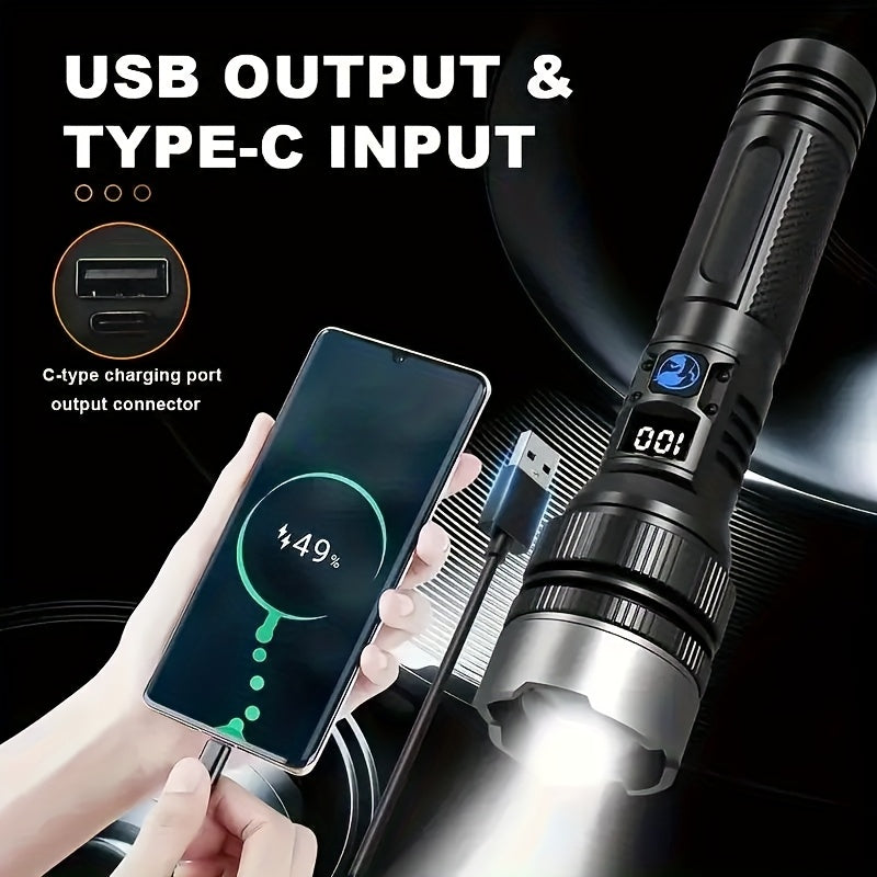 超亮手电筒，数显大功率铝合金手电 - USB充电，可伸缩，用于应急照明 IP66
