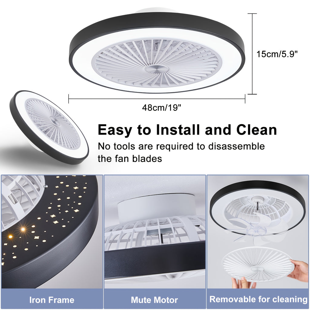 Low Profile Flush Mount Ceiling Fan with Light, 6-Speed Dimmable Bladeless Reversible Fan Light, Suitable for Bedroom, Dining Room, Living Room, Kitchen