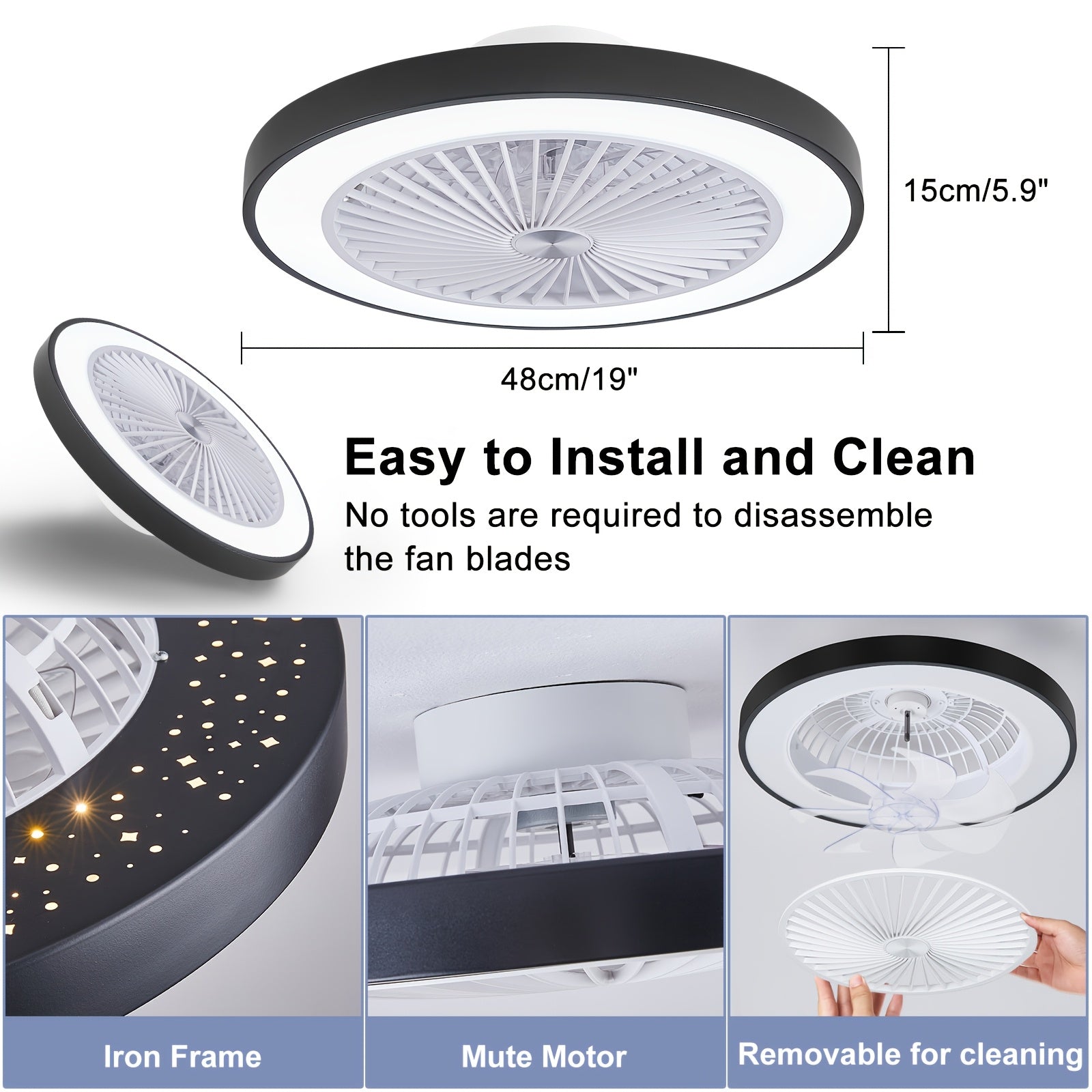 Low Profile Flush Mount Ceiling Fan with Light, 6-Speed Dimmable Bladeless Reversible Fan Light, Suitable for Bedroom, Dining Room, Living Room, Kitchen
