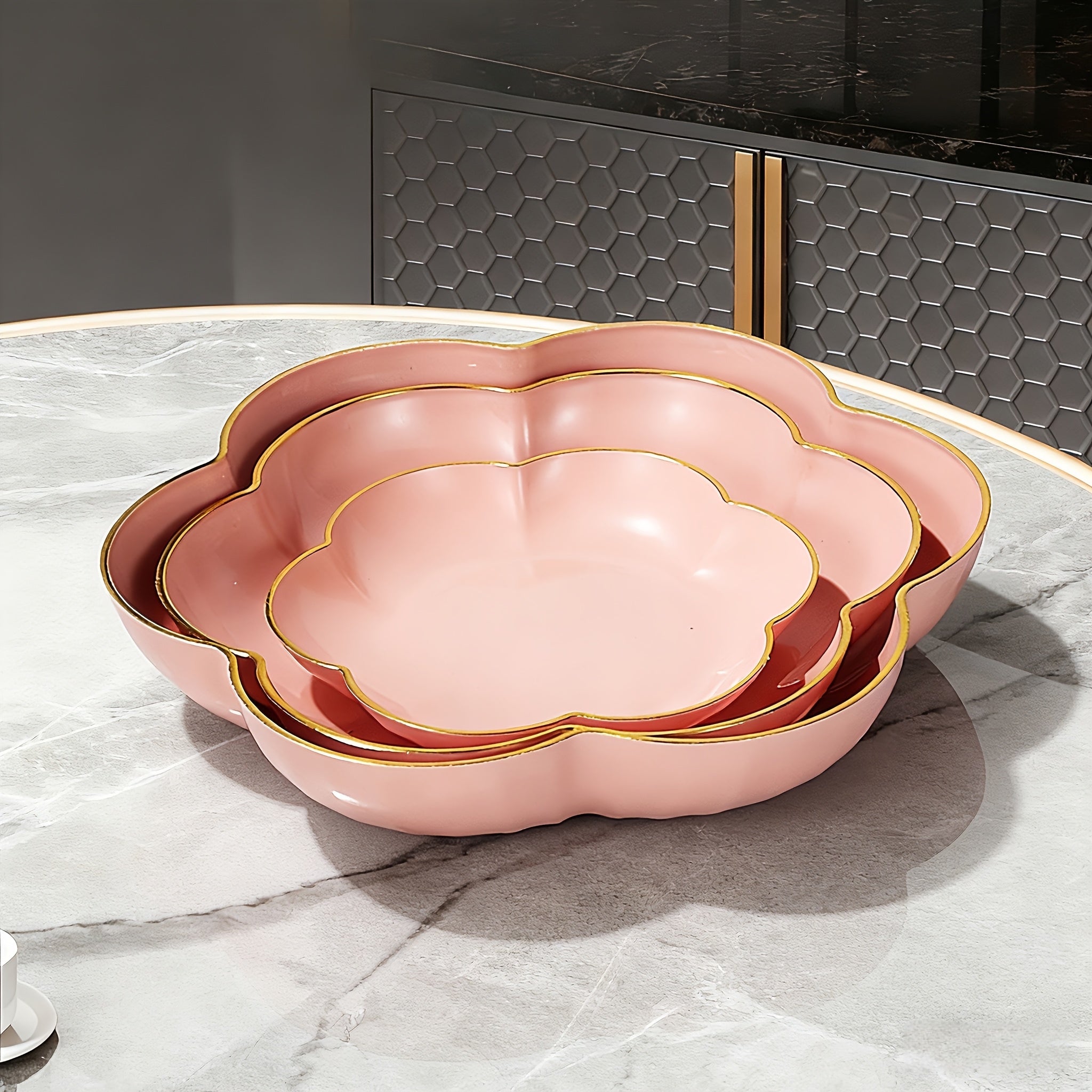 3-Piece Gold Rim Floral Fruit Bowl & Cake Stand Tray Set, New Year Candy Tray – Perfect for Afternoon Tea or Party Food, Outdoor, Hotel – Ideal for Living Room Decor, Family Dinner Table Fruit Bowl, Dessert Plate