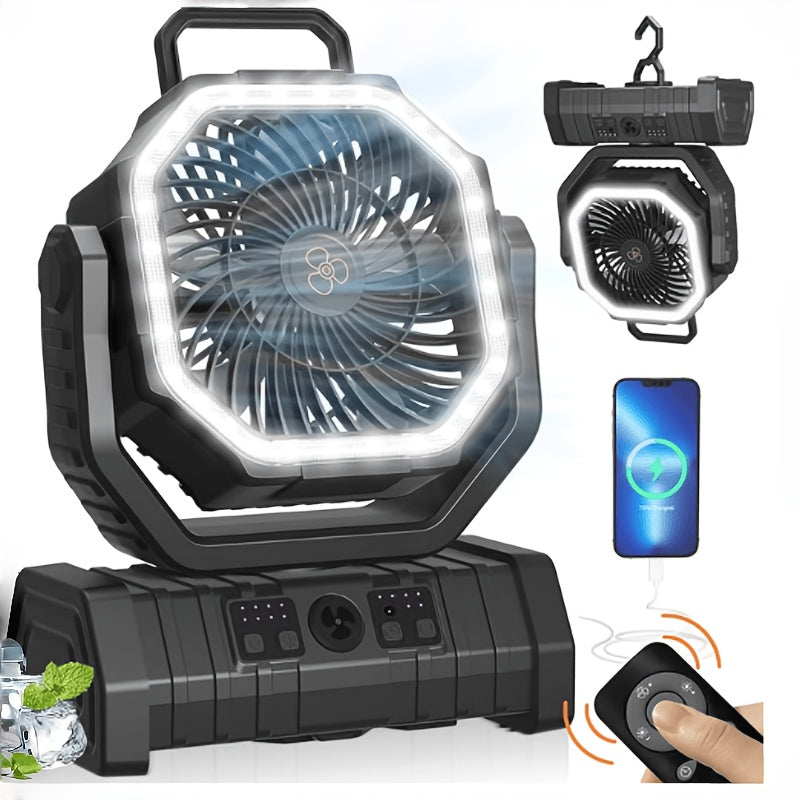 3-in-1 Rechargeable Fan with Charging Lighting and Fan Function, Battery Powered Camping Fan, Portable LED Lantern Camping Fan, 4 Speed Rotatable Rechargeable Fan for Tent, BBQ and Travel Use