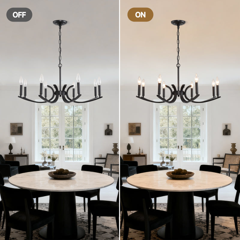8-light farmhouse style chandelier, black metal branched chandelier, industrial style high ceiling living room dining room foyer lighting fixture, adjustable height - E12 base