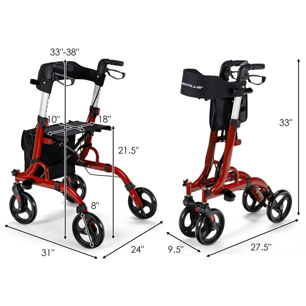 GIANTEX 二合一带座滚动助行器，医疗助行器，可折叠滚动助行器，带8轮，铝合金移动辅助步行器，带高度可调手柄，双重刹车系统，可反转靠背，储物袋。