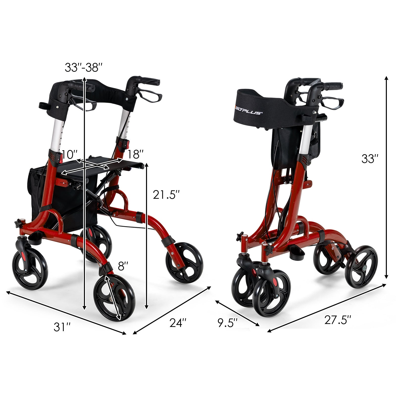 GIANTEX 二合一带座滚动助行器，医疗助行器，可折叠滚动助行器，带8轮，铝合金移动辅助步行器，带高度可调手柄，双重刹车系统，可反转靠背，储物袋。