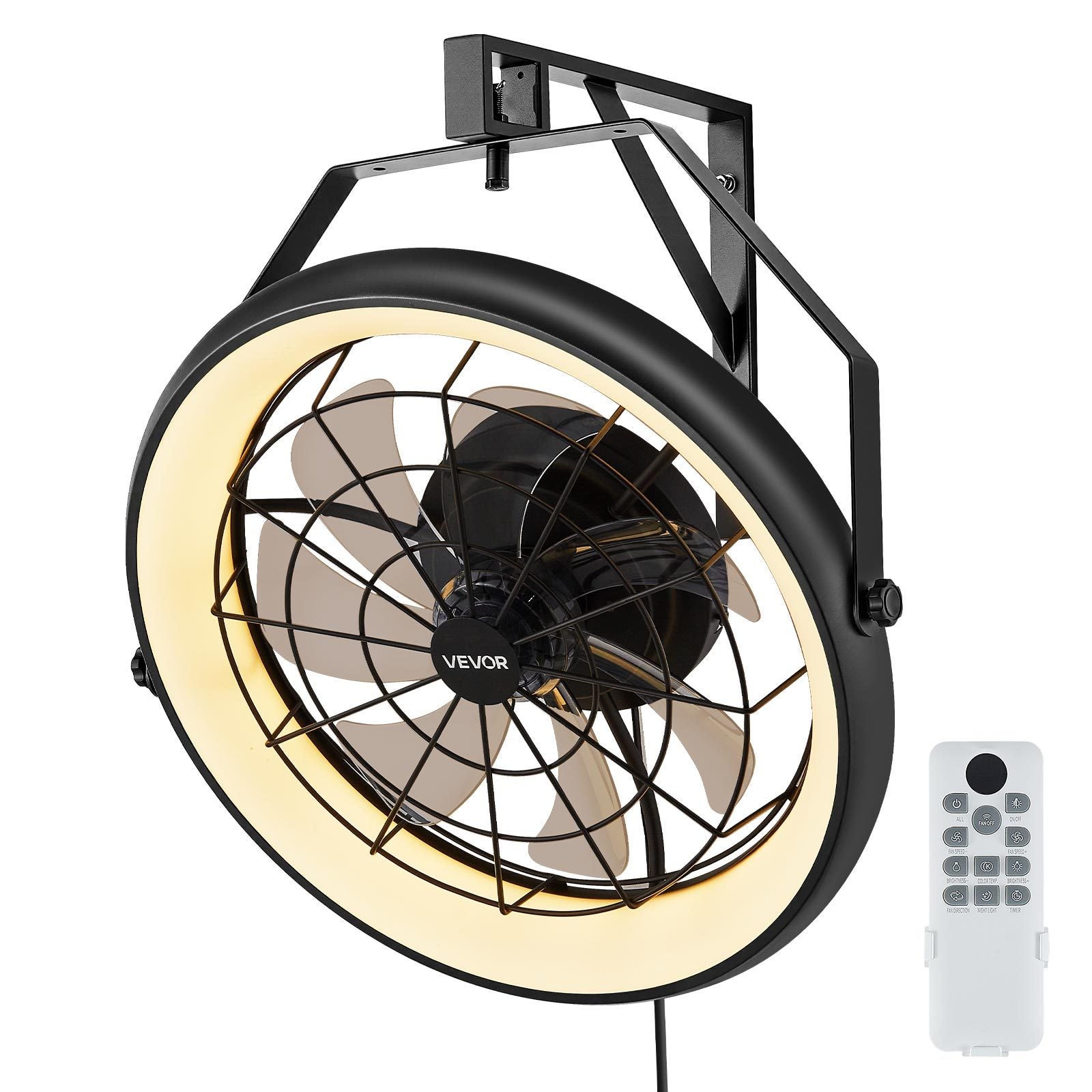 VEVOR 22 Inch Wall Mounted Fan with Light, Remote Control, 6 Speed Settings, for Patio, Workshop