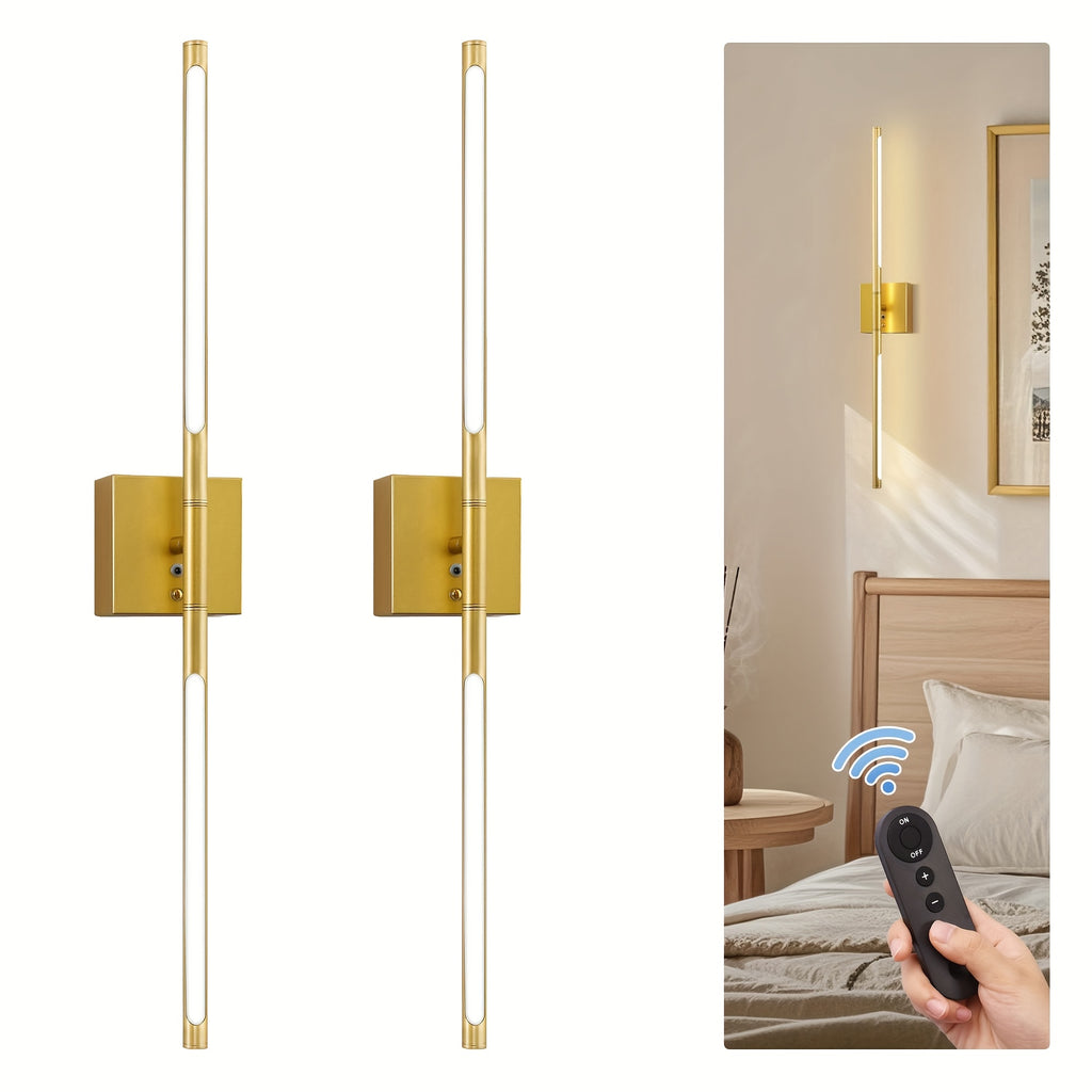 2-Pack Remote Control Linear LED Wall Light, 28-Inch Long Strip Stepless Dimming Wall Light All Gold Wall Light, for Stairs, Bedroom, Living Room Background Decoration, Metal Lamp Warm White Light, Rechargeable