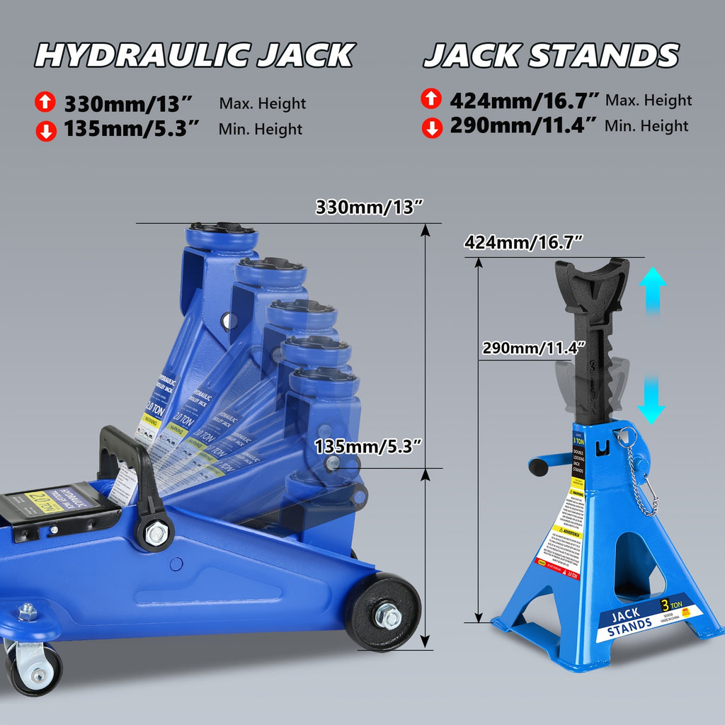 2/2.5/3 Ton Capacity Low-Profile Garage Hydraulic Jack Combo Kit, Optional: 2 Ratchet-Type 3-Ton Jack Stands, Tire Repair Tool Kit, 14-Inch Lug Wrench, Wheel Chocks for SUV/Sedan/Truck