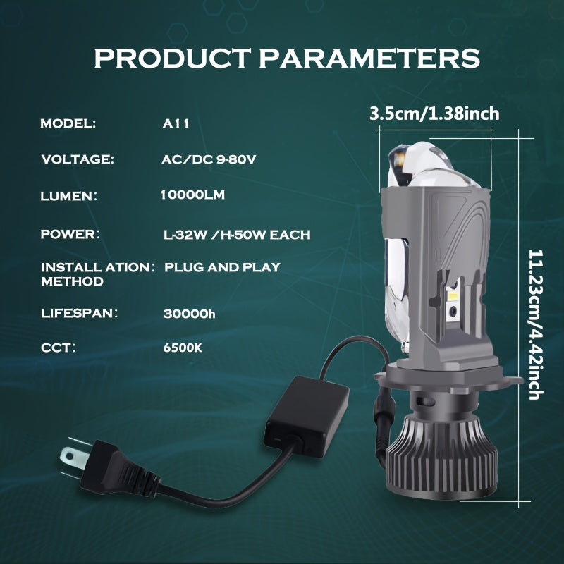 2个 BRIEYES A11 个迷你投影镜头 H4 HB2 9003 LED 大灯套件，10000LM 比卤素灯亮 400%，6500K 高低光束 AC/DC 9-80V 适用于汽车和卡车，不含电池