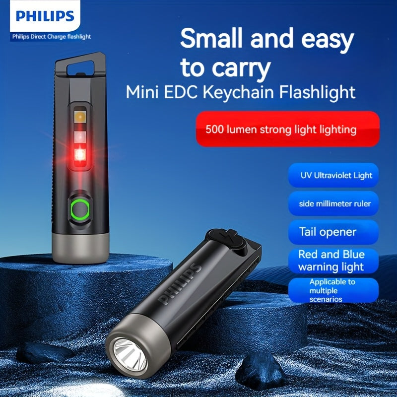 Philips Bright Mini Flashlight, Portable with Keychain Clip, UV Light Flashlight, Type-C Rechargeable, Essential for Night Commuting & Travel