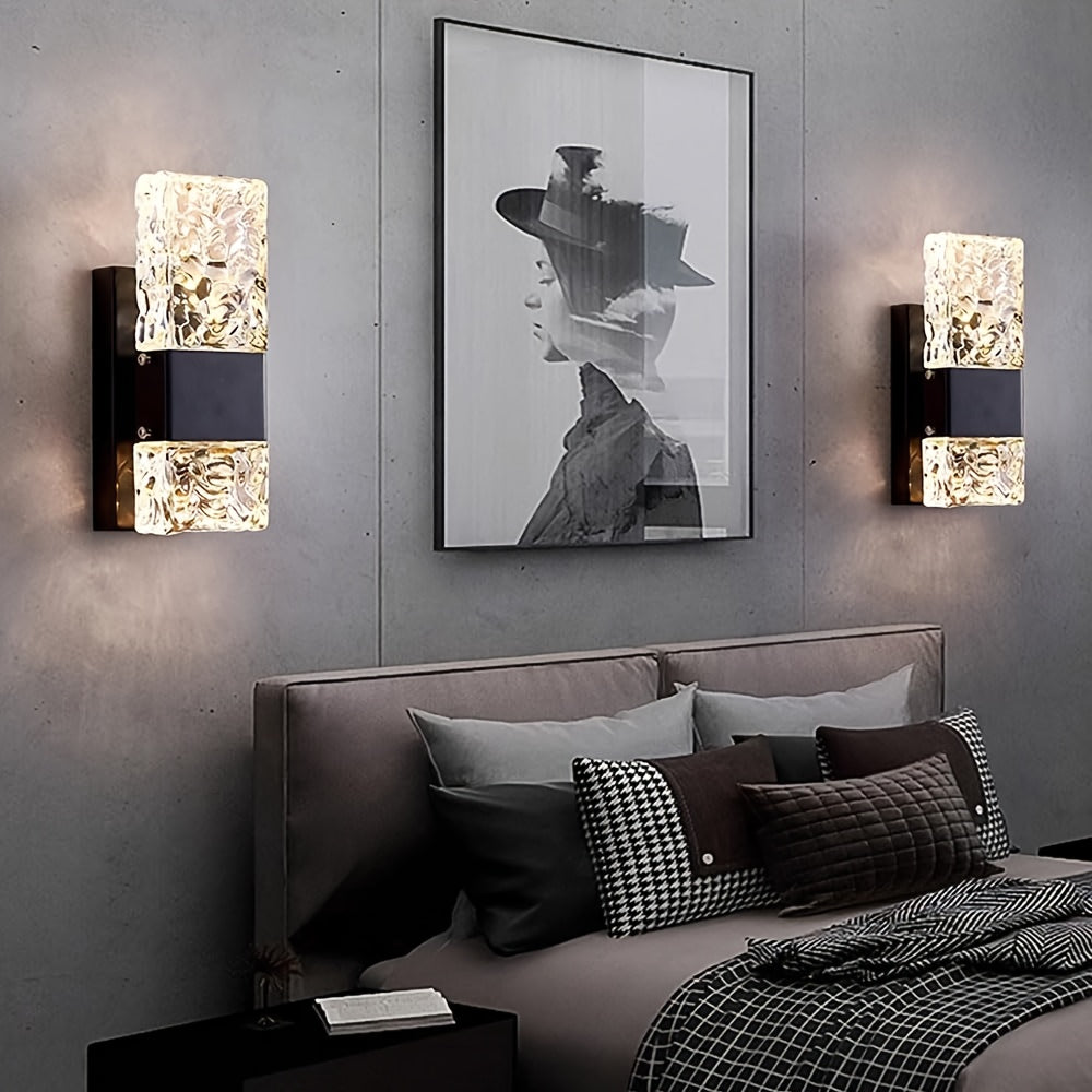 2-Piece Modern Bedroom Crystal Wall Light 3-Color Temperature Changing LED Black Wall Lamp Living Room Linear Wall Light Indoor Warm Light Wall Light Fixture