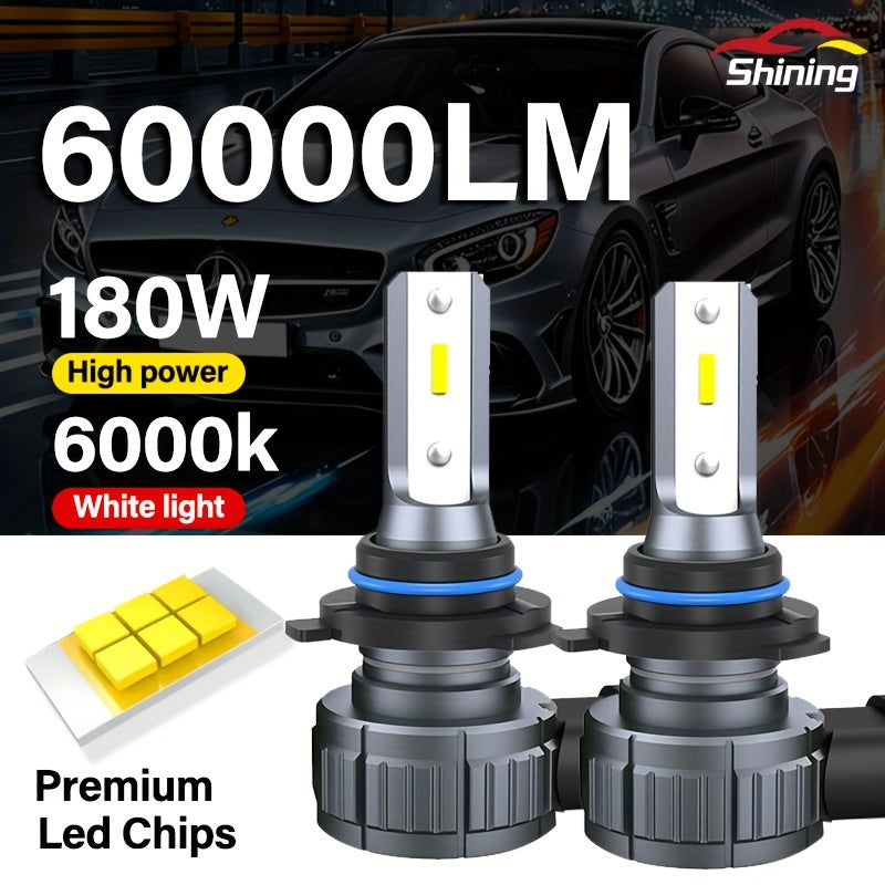 2Pcs 60000 Lumens 180W H11 Super Bright 9005 9006 9012 9007 LED Bulbs, 1:1 Mini Size 12V Non-Polarity Plug-and-Play No Adapter Needed 300% High Brightness Cool White 6000K
